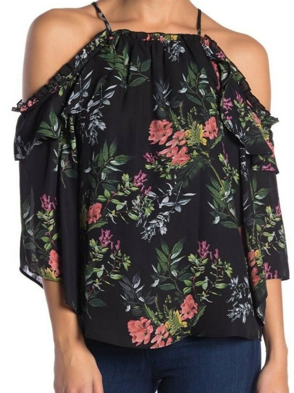 Parker Black Floral Cold-Shoulder Blouse